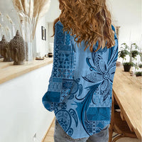 Talofa Samoa Mamanu Siapo Mix Malu Women Casual Shirt Cool Blue Frangipani and Turtles LT7 - Polynesian Pride