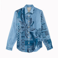 Talofa Samoa Mamanu Siapo Mix Malu Women Casual Shirt Cool Blue Frangipani and Turtles LT7 - Polynesian Pride