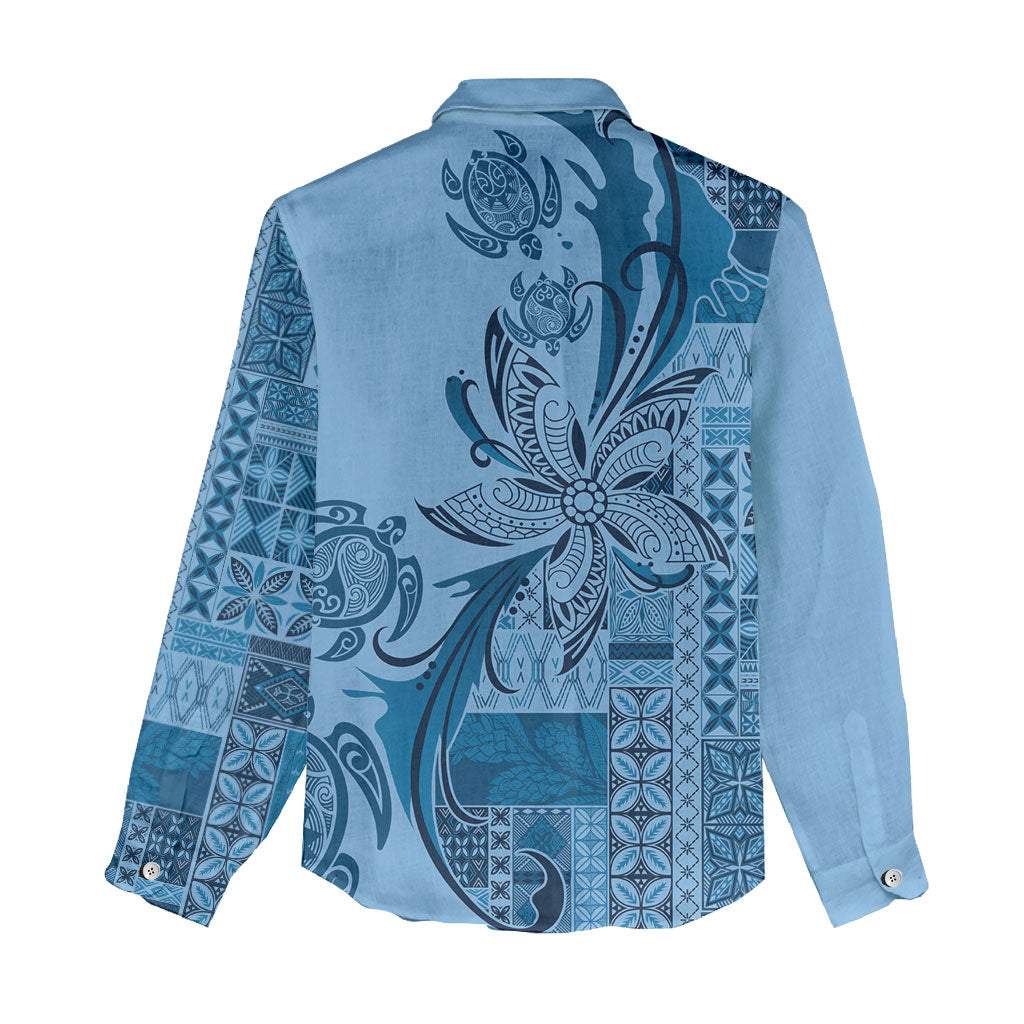 Talofa Samoa Mamanu Siapo Mix Malu Women Casual Shirt Cool Blue Frangipani and Turtles LT7 - Polynesian Pride