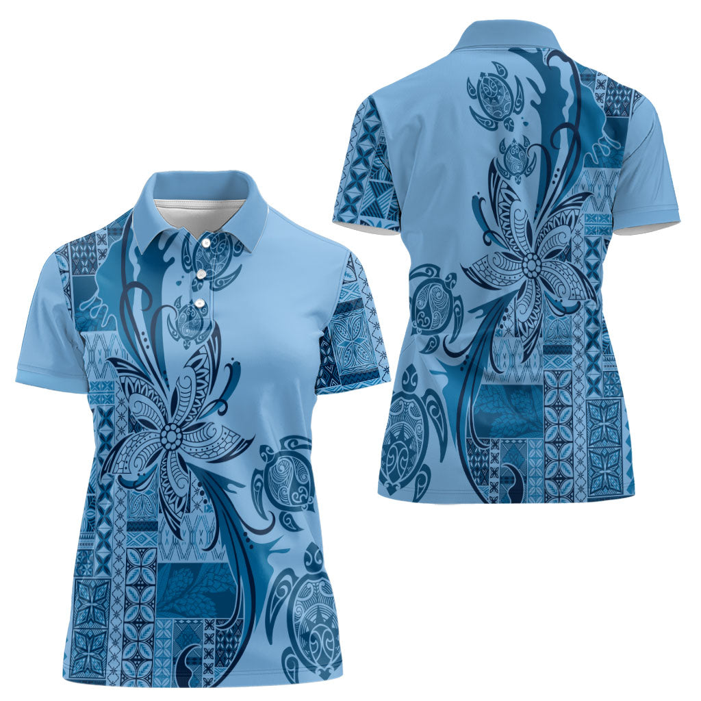 Talofa Samoa Mamanu Siapo Mix Malu Women Polo Shirt Cool Blue Frangipani and Turtles