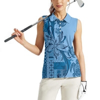 Talofa Samoa Mamanu Siapo Mix Malu Women Sleeveless Polo Shirt Cool Blue Frangipani and Turtles
