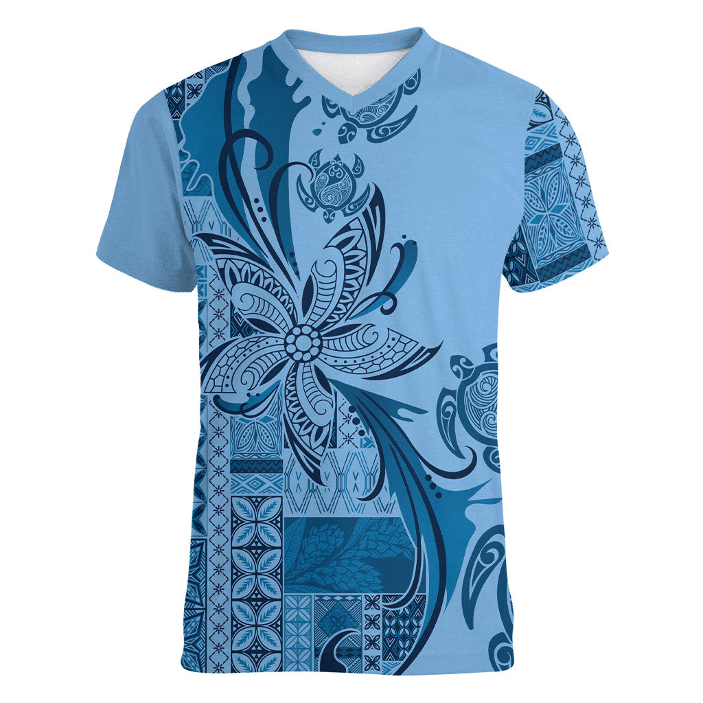 Talofa Samoa Mamanu Siapo Mix Malu Women V-Neck T-Shirt Cool Blue Frangipani and Turtles