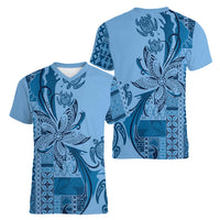 Talofa Samoa Mamanu Siapo Mix Malu Women V-Neck T-Shirt Cool Blue Frangipani and Turtles