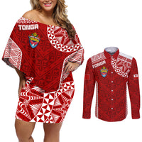 Personalised Tonga Rugby Couples Matching Off Shoulder Short Dress and Long Sleeve Button Shirts Mate Ma'a Tonga Champions LT7 Red - Polynesian Pride