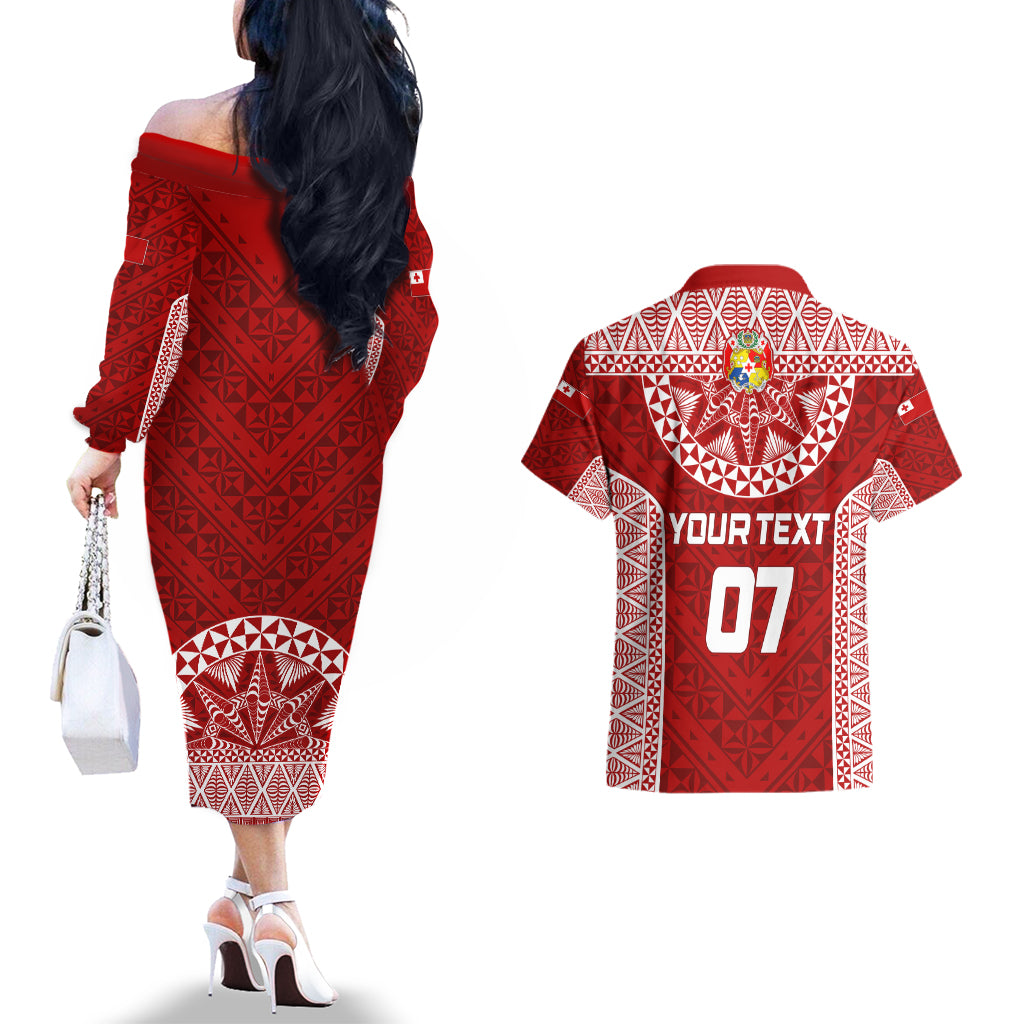 Personalised Tonga Rugby Couples Matching Off The Shoulder Long Sleeve Dress and Hawaiian Shirt Mate Ma'a Tonga Champions LT7 - Polynesian Pride