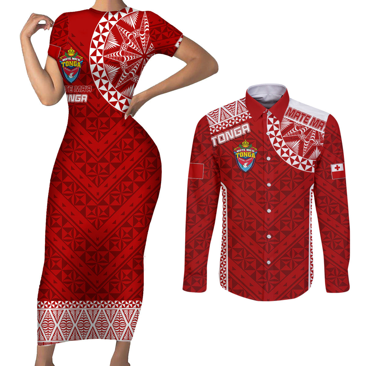 Personalised Tonga Rugby Couples Matching Short Sleeve Bodycon Dress and Long Sleeve Button Shirts Mate Ma'a Tonga Champions LT7 Red - Polynesian Pride