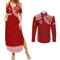 Personalised Tonga Rugby Couples Matching Summer Maxi Dress and Long Sleeve Button Shirts Mate Ma'a Tonga Champions LT7 Red - Polynesian Pride