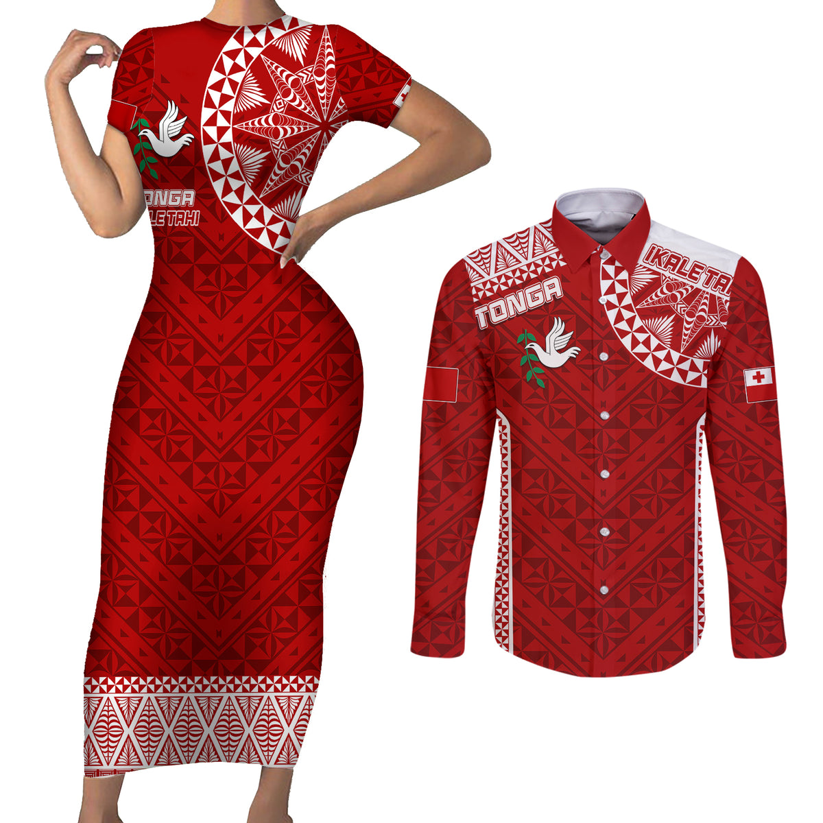 Personalised Tonga Rugby Couples Matching Short Sleeve Bodycon Dress and Long Sleeve Button Shirts Ikale Tahi Champions World Cup 2023 LT7 Red - Polynesian Pride
