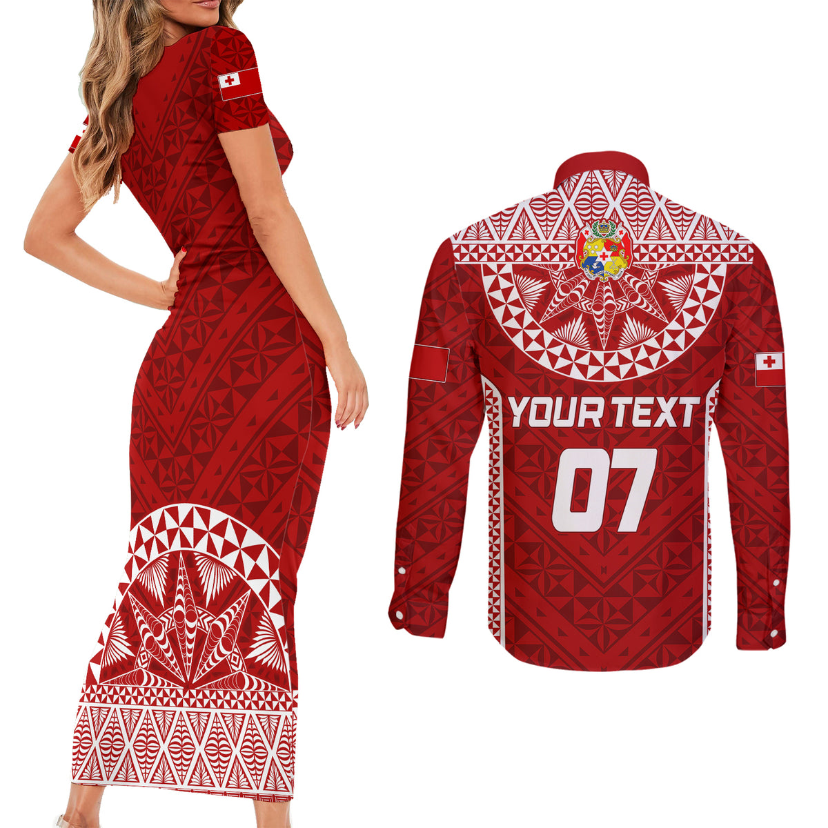 Personalised Tonga Rugby Couples Matching Short Sleeve Bodycon Dress and Long Sleeve Button Shirts Ikale Tahi Champions World Cup 2023 LT7 - Polynesian Pride