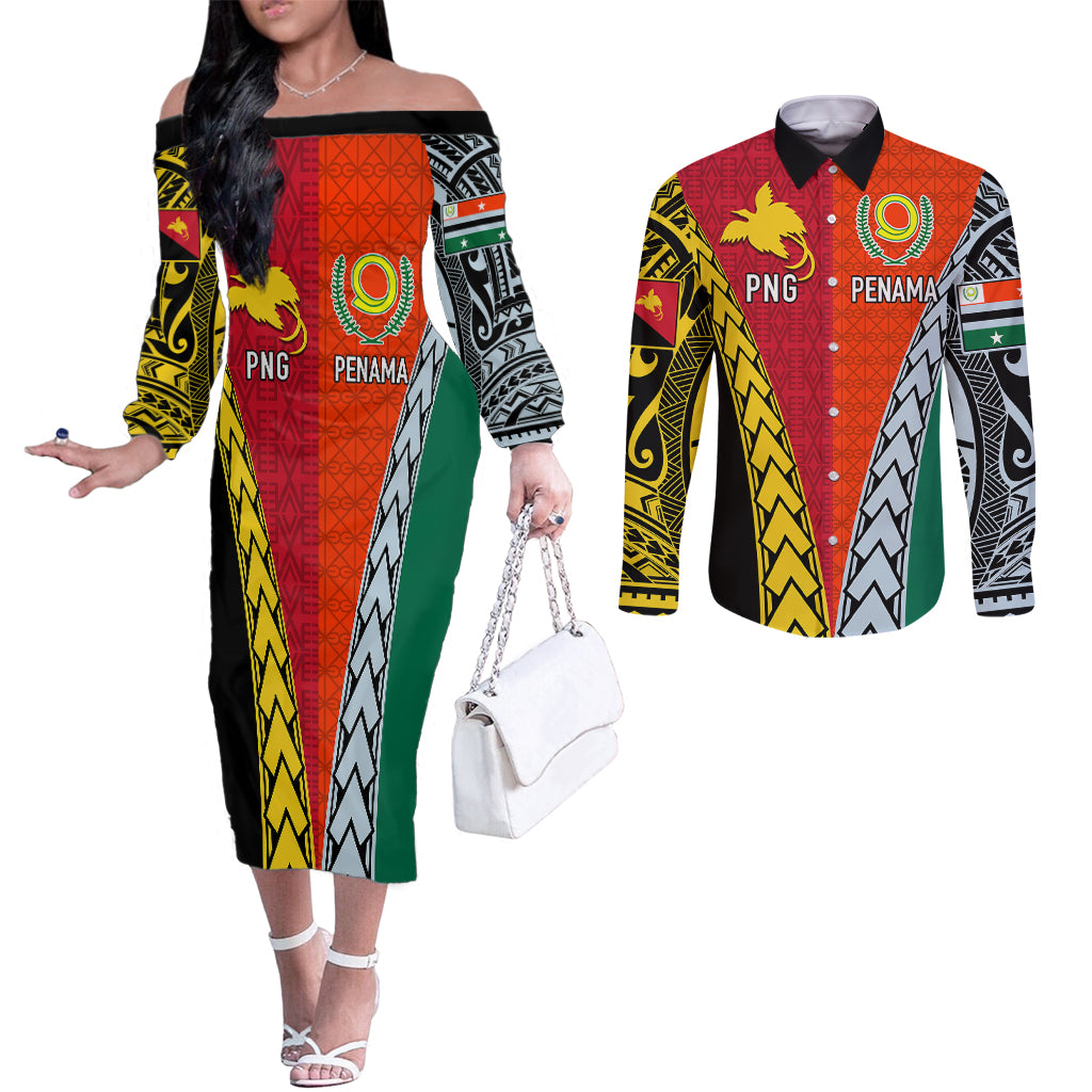 Personalised Papua New Guinea Mix Penama Couples Matching Off The Shoulder Long Sleeve Dress and Long Sleeve Button Shirts Tribal Patterns Half-Half Style LT7 Colorful - Polynesian Pride
