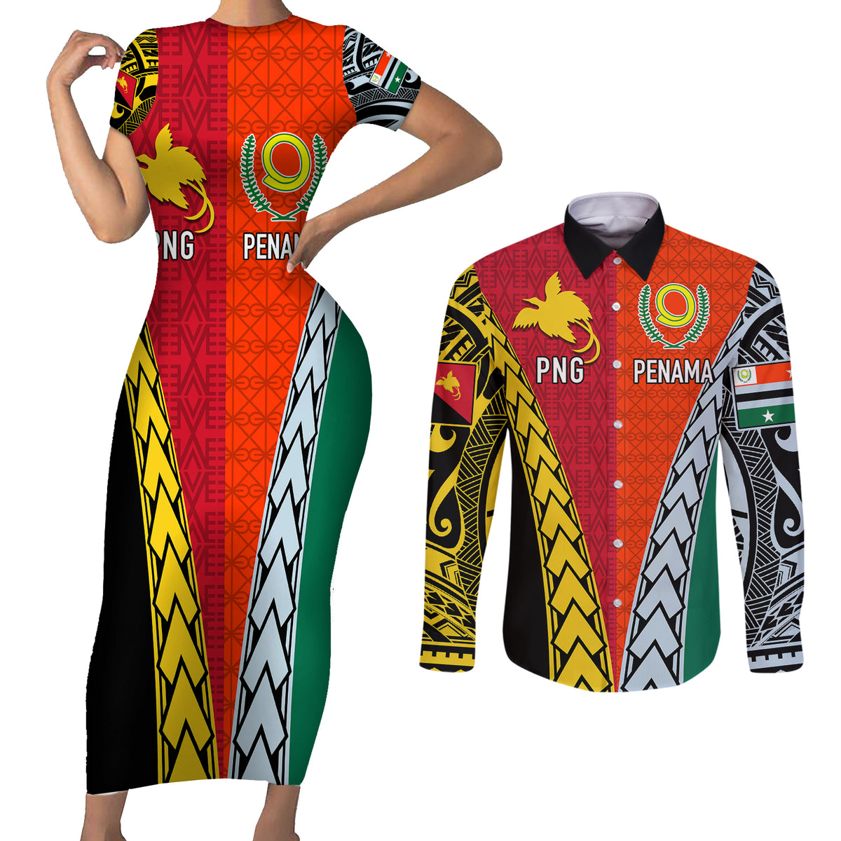 Personalised Papua New Guinea Mix Penama Couples Matching Short Sleeve Bodycon Dress and Long Sleeve Button Shirts Tribal Patterns Half-Half Style LT7 Colorful - Polynesian Pride