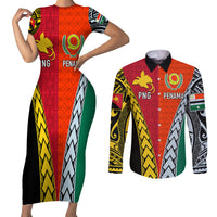 Personalised Papua New Guinea Mix Penama Couples Matching Short Sleeve Bodycon Dress and Long Sleeve Button Shirts Tribal Patterns Half-Half Style LT7 Colorful - Polynesian Pride