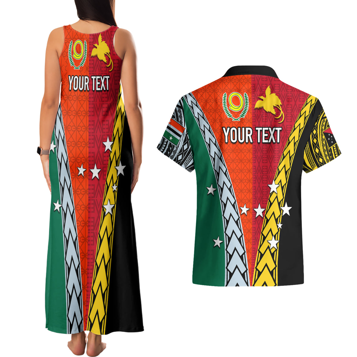 Personalised Papua New Guinea Mix Penama Couples Matching Tank Maxi Dress and Hawaiian Shirt Tribal Patterns Half-Half Style LT7 - Polynesian Pride