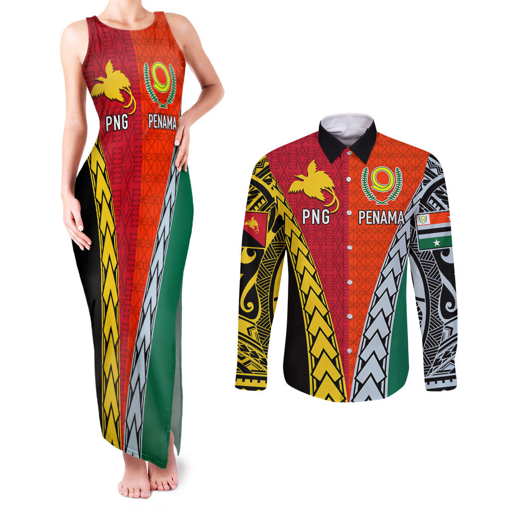Personalised Papua New Guinea Mix Penama Couples Matching Tank Maxi Dress and Long Sleeve Button Shirts Tribal Patterns Half-Half Style LT7 Colorful - Polynesian Pride
