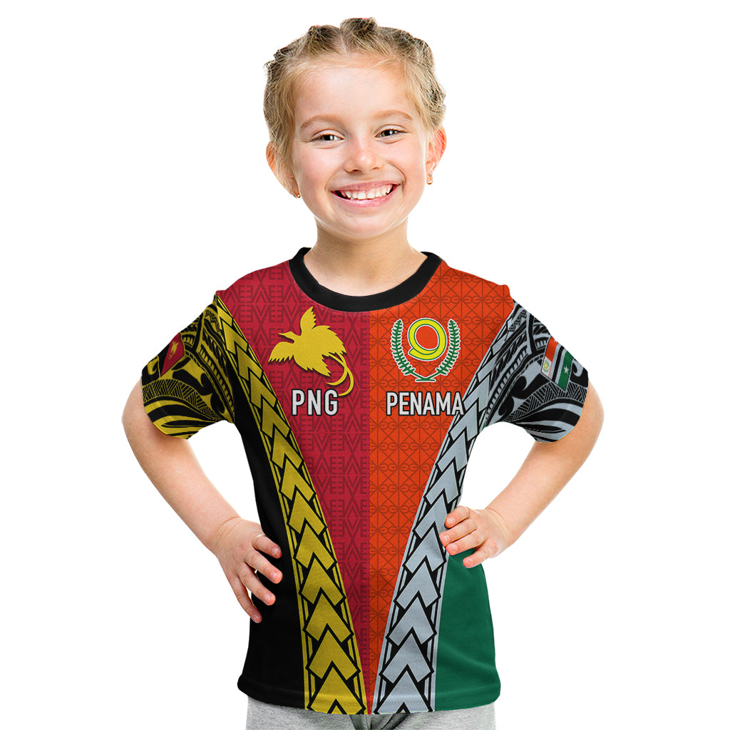 Personalised Papua New Guinea Mix Penama Kid T Shirt Tribal Patterns Half-Half Style LT7 Colorful - Polynesian Pride