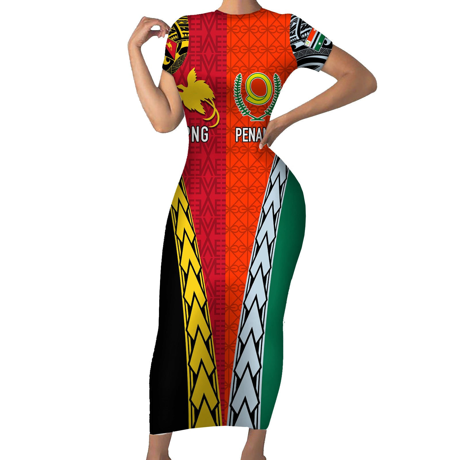 Personalised Papua New Guinea Mix Penama Short Sleeve Bodycon Dress Tribal Patterns Half-Half Style LT7 Long Dress Colorful - Polynesian Pride