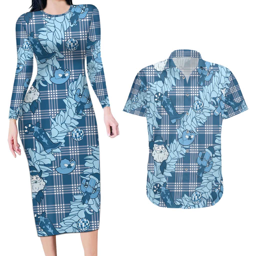 Blue Palaka Hawaii Cowboy Christmas Couples Matching Long Sleeve Bodycon Dress and Hawaiian Shirt Paniolo Mix Maile Lei - Polynesian Pride