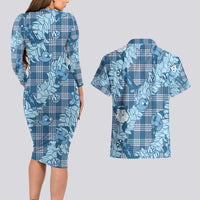 Blue Palaka Hawaii Cowboy Christmas Couples Matching Long Sleeve Bodycon Dress and Hawaiian Shirt Paniolo Mix Maile Lei - Polynesian Pride