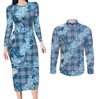 Blue Palaka Hawaii Cowboy Christmas Couples Matching Long Sleeve Bodycon Dress and Long Sleeve Button Shirt Paniolo Mix Maile Lei - Polynesian Pride