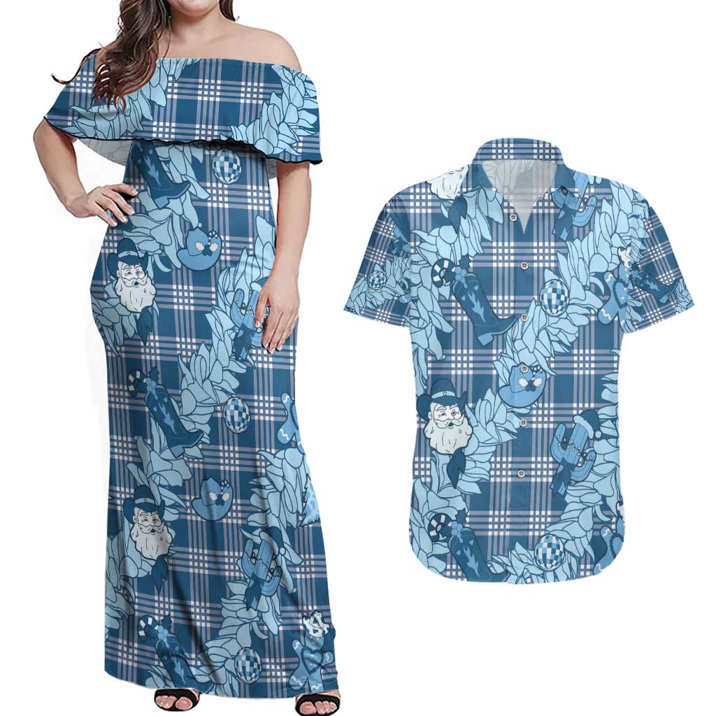 Blue Palaka Hawaii Cowboy Christmas Couples Matching Off Shoulder Maxi Dress and Hawaiian Shirt Paniolo Mix Maile Lei - Polynesian Pride