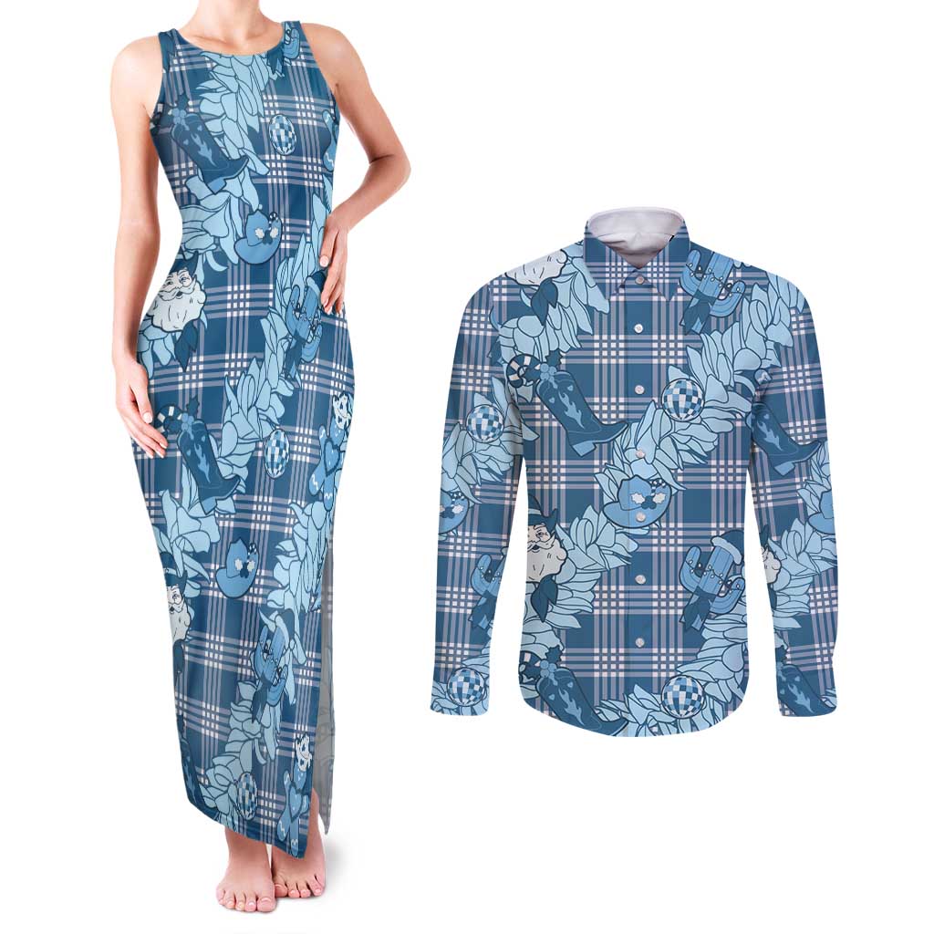 Blue Palaka Hawaii Cowboy Christmas Couples Matching Tank Maxi Dress and Long Sleeve Button Shirt Paniolo Mix Maile Lei - Polynesian Pride