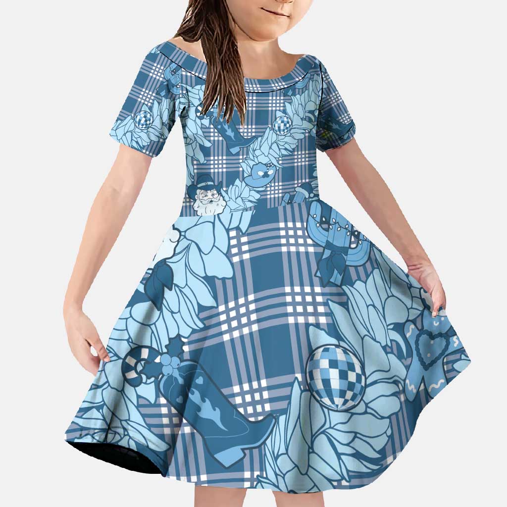 Blue Palaka Hawaii Cowboy Christmas Family Matching Long Sleeve Bodycon Dress and Hawaiian Shirt Paniolo Mix Maile Lei - Polynesian Pride