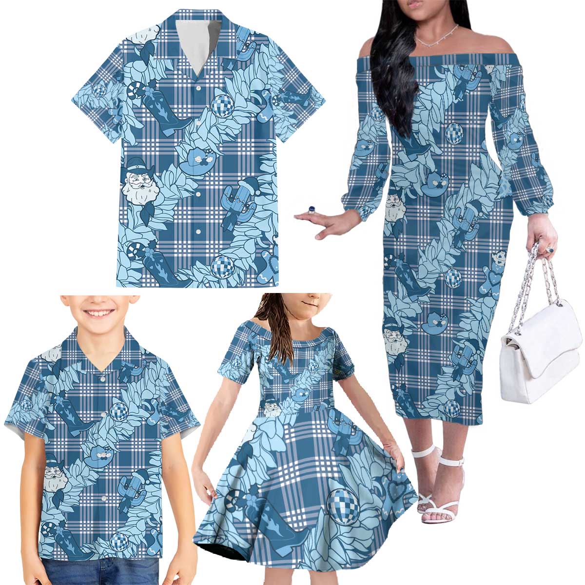 Blue Palaka Hawaii Cowboy Christmas Family Matching Off The Shoulder Long Sleeve Dress and Hawaiian Shirt Paniolo Mix Maile Lei - Polynesian Pride