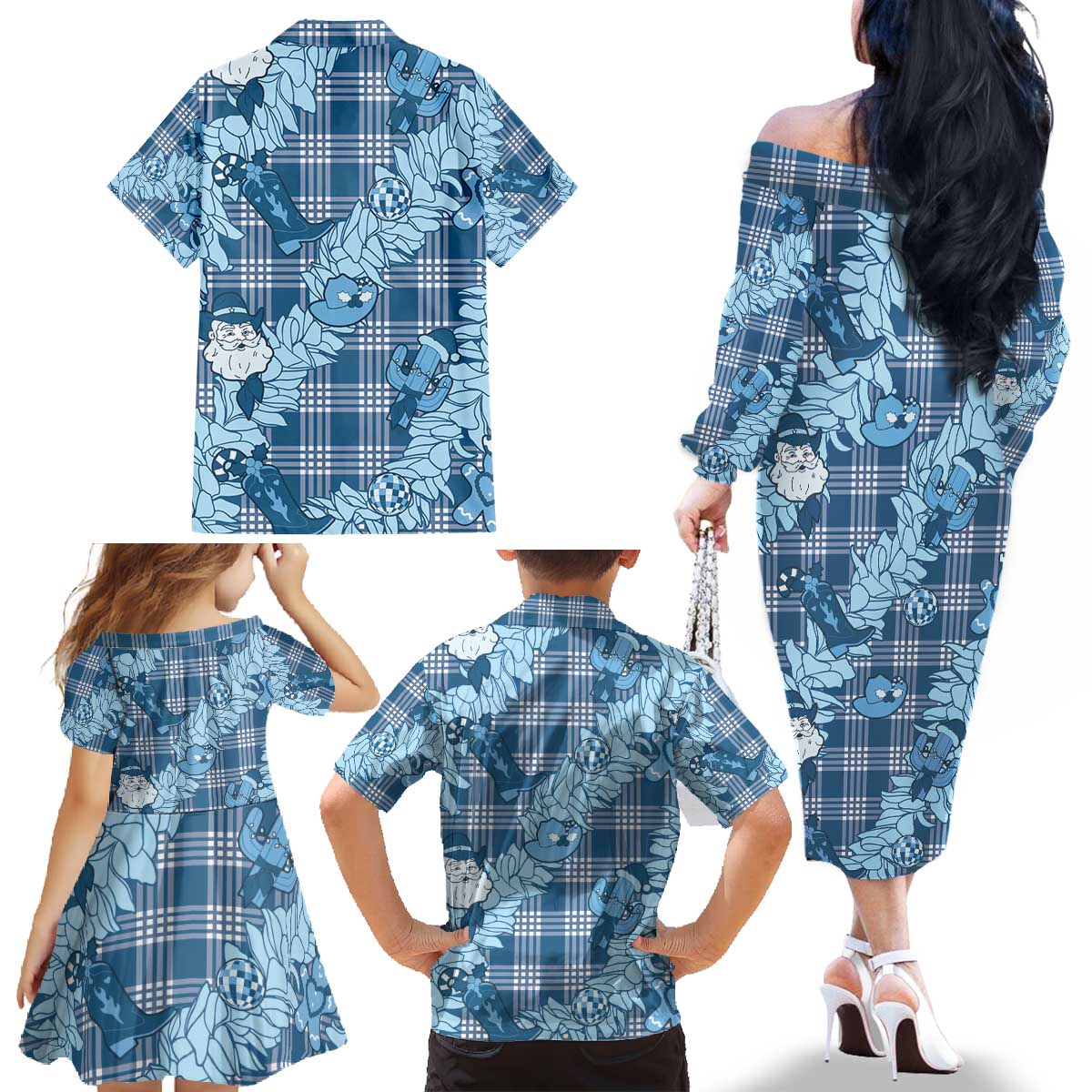 Blue Palaka Hawaii Cowboy Christmas Family Matching Off The Shoulder Long Sleeve Dress and Hawaiian Shirt Paniolo Mix Maile Lei - Polynesian Pride