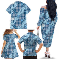 Blue Palaka Hawaii Cowboy Christmas Family Matching Off The Shoulder Long Sleeve Dress and Hawaiian Shirt Paniolo Mix Maile Lei - Polynesian Pride