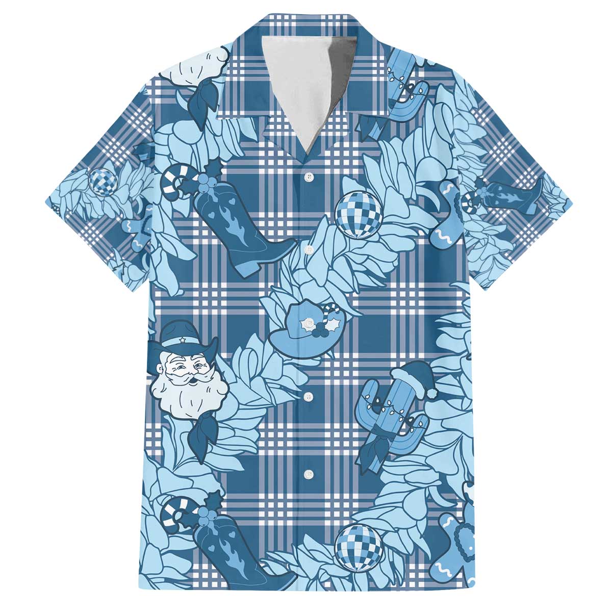 Blue Palaka Hawaii Cowboy Christmas Family Matching Off The Shoulder Long Sleeve Dress and Hawaiian Shirt Paniolo Mix Maile Lei - Polynesian Pride