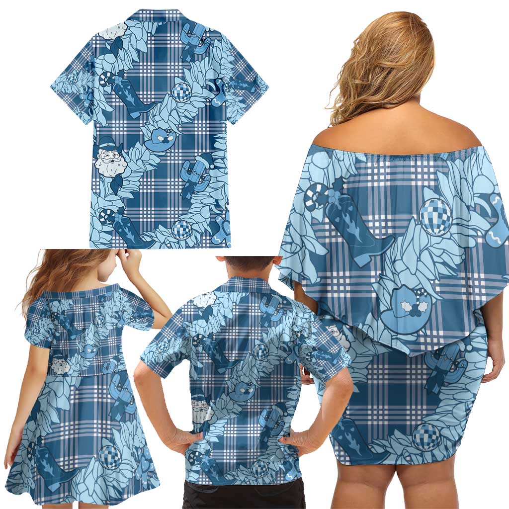 Blue Palaka Hawaii Cowboy Christmas Family Matching Off Shoulder Short Dress and Hawaiian Shirt Paniolo Mix Maile Lei - Polynesian Pride