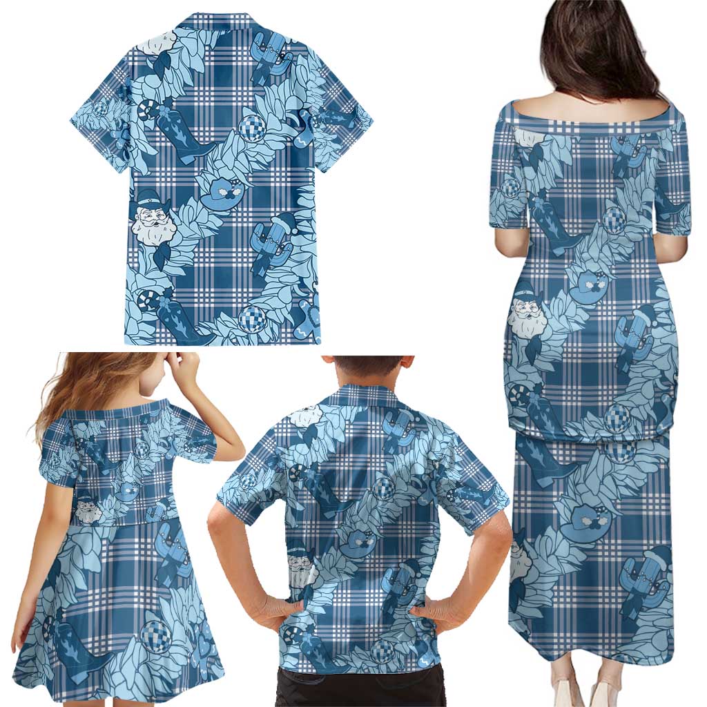 Blue Palaka Hawaii Cowboy Christmas Family Matching Puletasi and Hawaiian Shirt Paniolo Mix Maile Lei - Polynesian Pride
