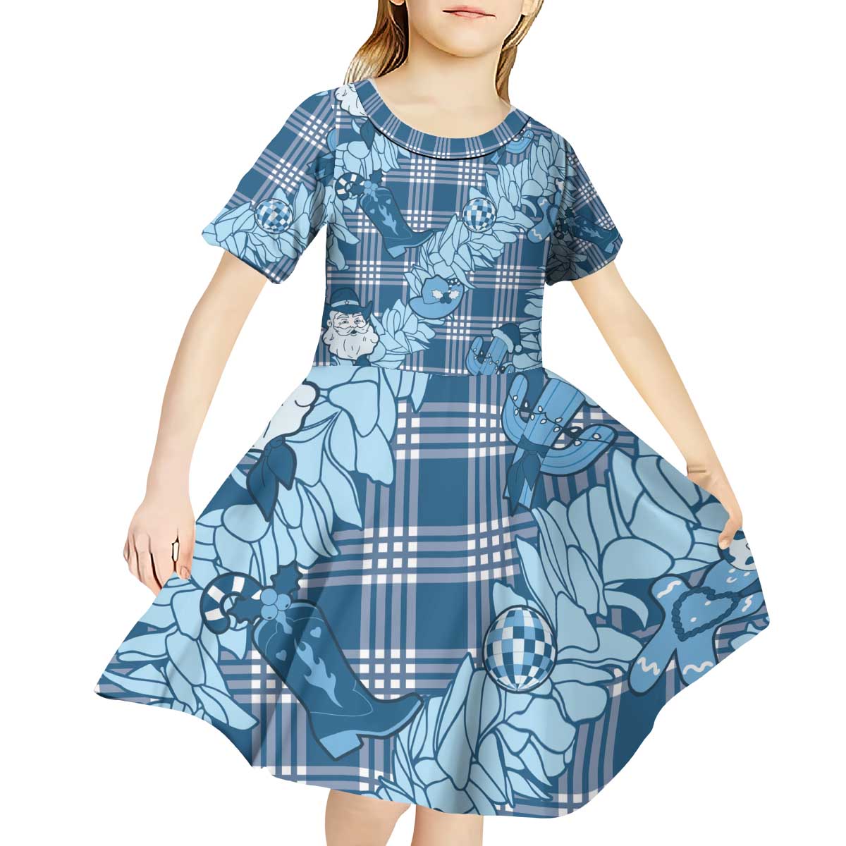 Blue Palaka Hawaii Cowboy Christmas Kid Short Sleeve Dress Paniolo Mix Maile Lei - Polynesian Pride