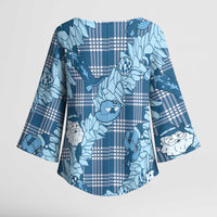Blue Palaka Hawaii Cowboy Christmas Kimono Sleeve Blouse Paniolo Mix Maile Lei - Polynesian Pride