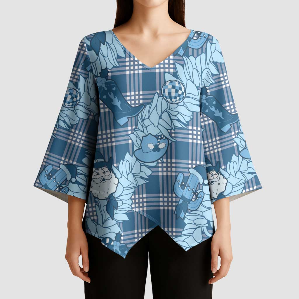 Blue Palaka Hawaii Cowboy Christmas Kimono Sleeve Blouse Paniolo Mix Maile Lei - Polynesian Pride