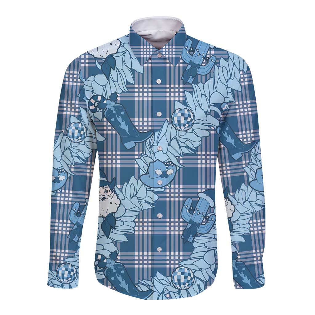 Blue Palaka Hawaii Cowboy Christmas Long Sleeve Button Shirt Paniolo Mix Maile Lei - Polynesian Pride