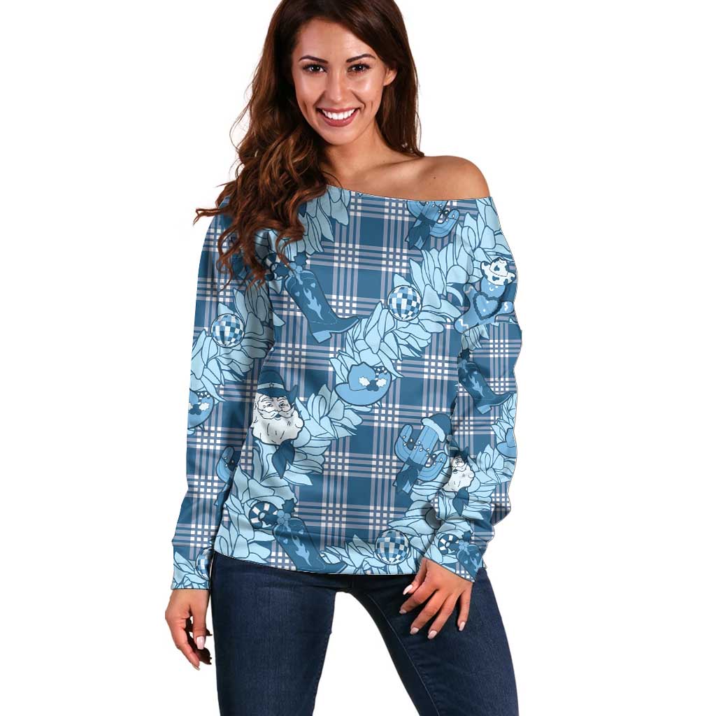 Blue Palaka Hawaii Cowboy Christmas Off Shoulder Sweater Paniolo Mix Maile Lei - Polynesian Pride