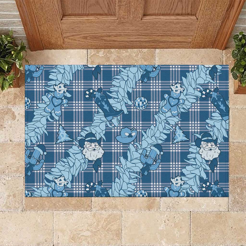 Blue Palaka Hawaii Cowboy Christmas Rubber Doormat Paniolo Mix Maile Lei - Polynesian Pride
