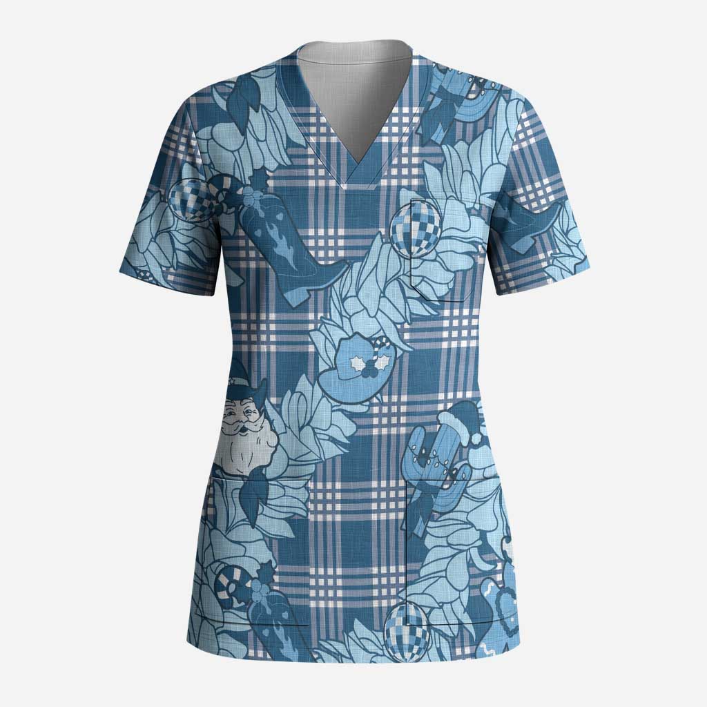 Blue Palaka Hawaii Cowboy Christmas Scrub Top Paniolo Mix Maile Lei - Polynesian Pride