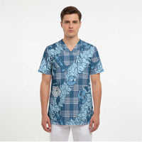 Blue Palaka Hawaii Cowboy Christmas Scrub Top Paniolo Mix Maile Lei - Polynesian Pride