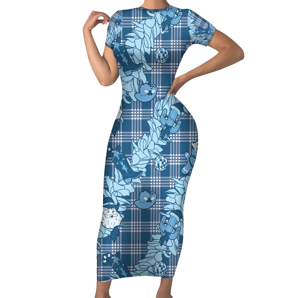 Blue Palaka Hawaii Cowboy Christmas Short Sleeve Bodycon Dress Paniolo Mix Maile Lei - Polynesian Pride