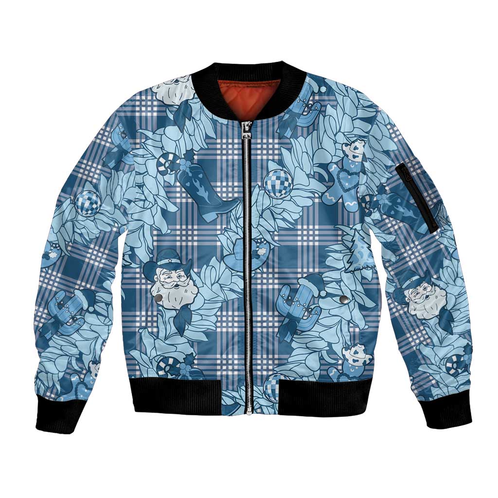 Blue Palaka Hawaii Cowboy Christmas Sleeve Zip Bomber Jacket Paniolo Mix Maile Lei - Polynesian Pride