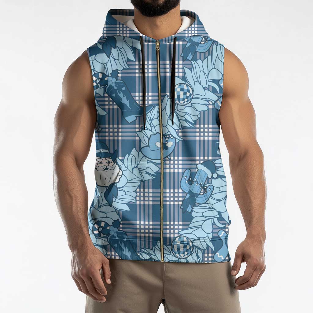 Blue Palaka Hawaii Cowboy Christmas Sleeveless Zip Hoodie Paniolo Mix Maile Lei - Polynesian Pride