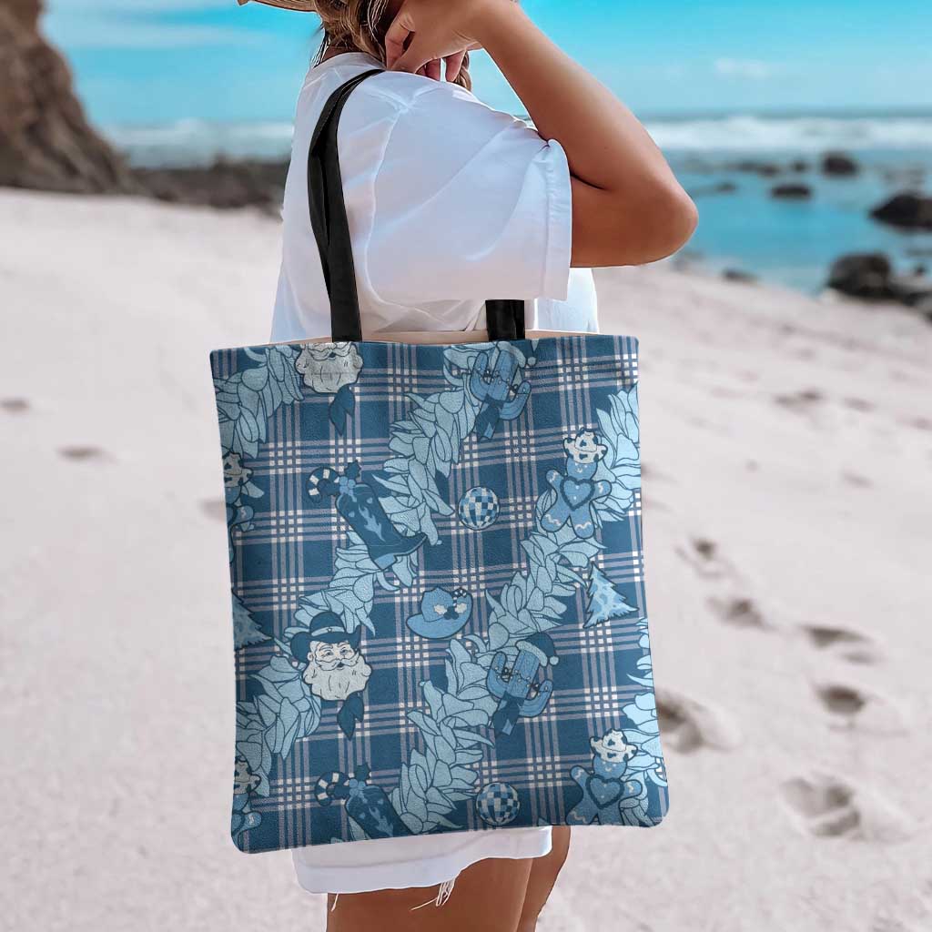 Blue Palaka Hawaii Cowboy Christmas Tote Bag Paniolo Mix Maile Lei - Polynesian Pride