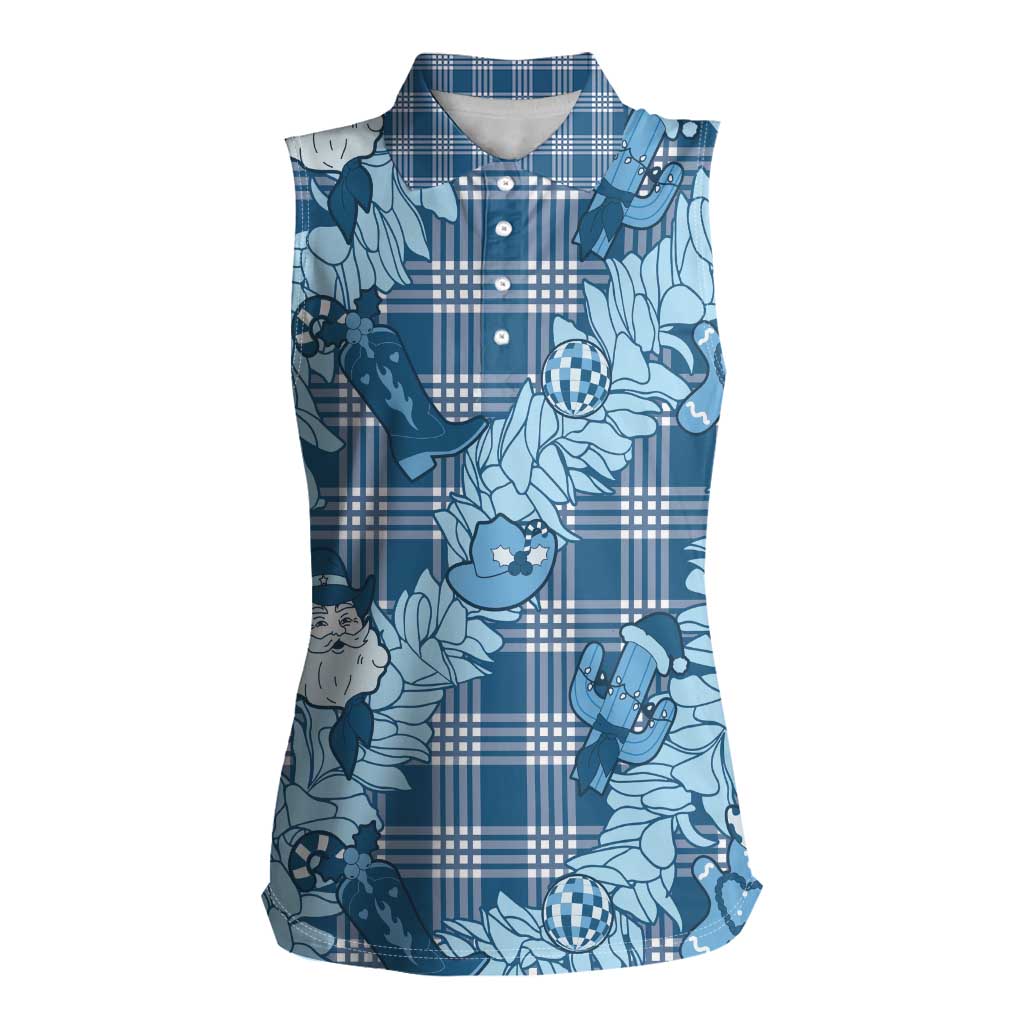 Blue Palaka Hawaii Cowboy Christmas Women Sleeveless Polo Shirt Paniolo Mix Maile Lei - Polynesian Pride