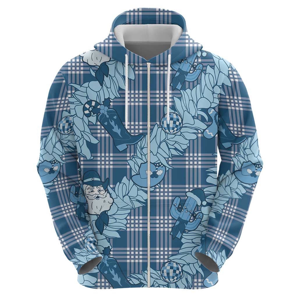 Blue Palaka Hawaii Cowboy Christmas Zip Hoodie Paniolo Mix Maile Lei - Polynesian Pride