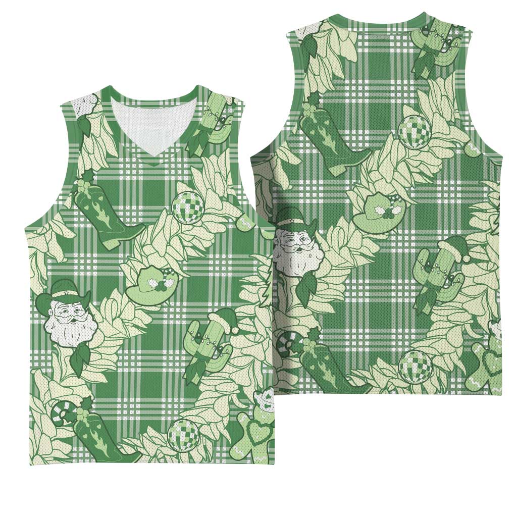 Green Palaka Hawaii Cowboy Christmas Basketball Jersey Paniolo Mix Maile Lei - Polynesian Pride