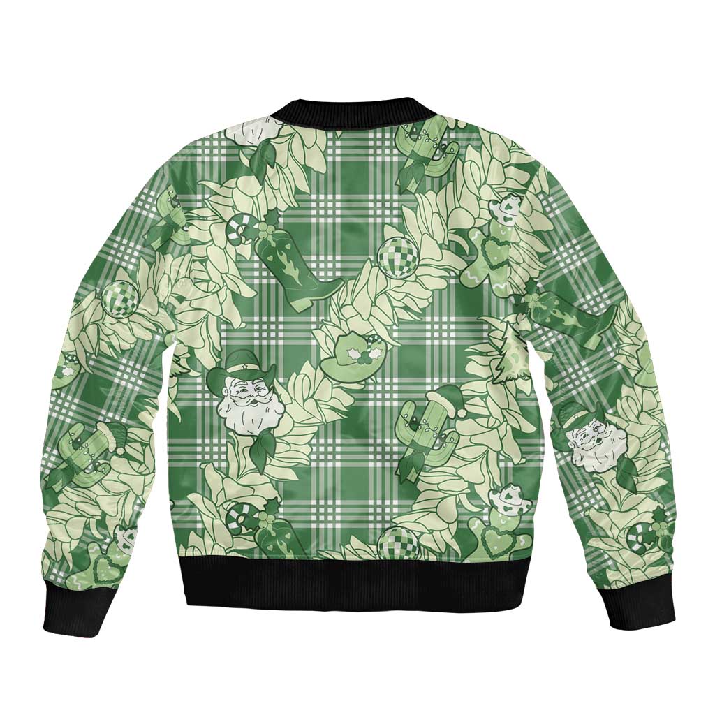 Green Palaka Hawaii Cowboy Christmas Bomber Jacket Paniolo Mix Maile Lei - Polynesian Pride