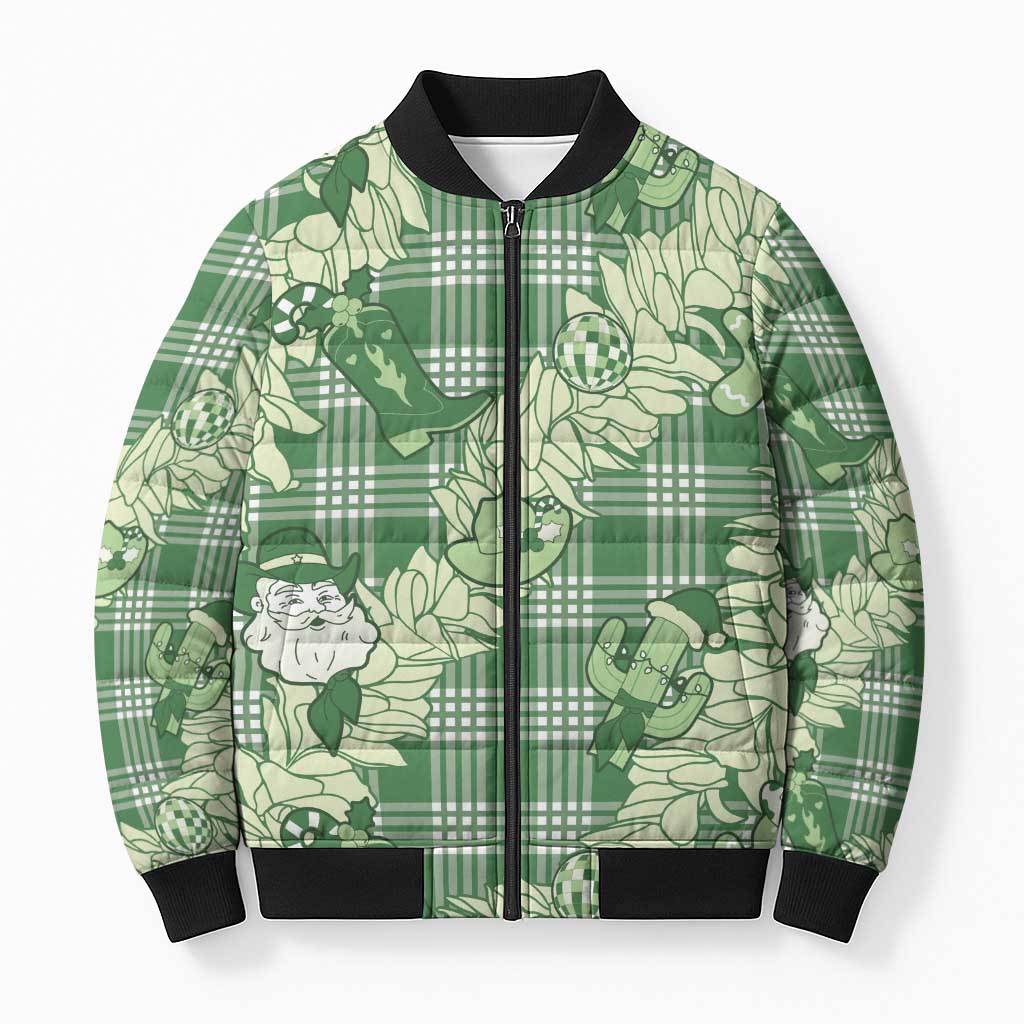 Green Palaka Hawaii Cowboy Christmas Bomber Puffer Jacket Paniolo Mix Maile Lei - Polynesian Pride
