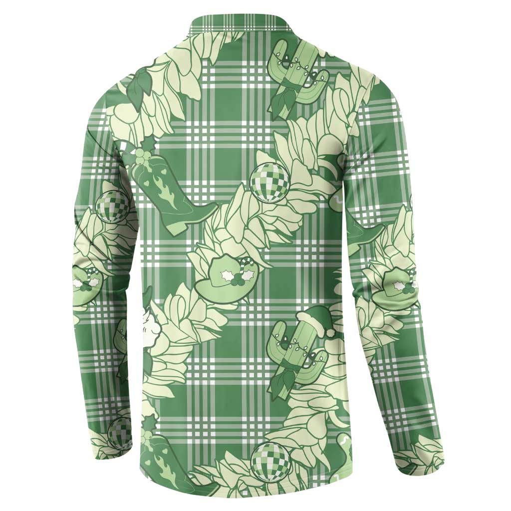 Green Palaka Hawaii Cowboy Christmas Button Sweatshirt Paniolo Mix Maile Lei - Polynesian Pride